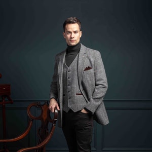 Men’s Grey Hunting Tweed Waistcoat | Tailored Wool Vest | Classic Check Design | Handmade Irish Formalwear | Wedding Vest | Wedding Suit