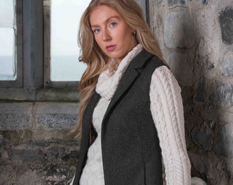 Celtic Tweed | Women's Green Herringbone Irish Tweed Gilet | Traditional Wool Gilet | Tweed Gilet Women