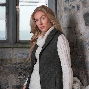 Celtic Tweed | Women&#39;s Green Herringbone Irish Tweed Gilet | Traditional Wool Gilet | Tweed Gilet Women