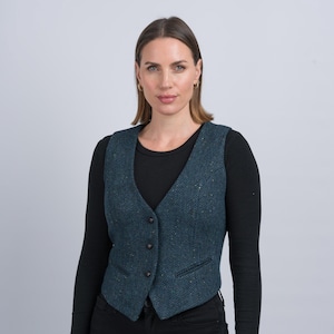 Celtic Tweed | Women&#39;s Blue Herringbone Tweed Waistcoat | Blue Tweed Vest | Tailored Classic Wool Waistcoat for Women | Irish Gift For Her