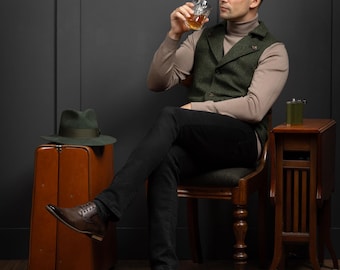 Gilet en laine tweed à chevrons vert Man of Aran | Gilet irlandais sur mesure