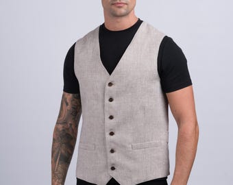 Chaleco de lino estilo desierto para hombre / Chaleco de lino irlandés / Chaleco informal de verano / Chaleco para padrinos de boda / Regalo hecho a mano para él / Ropa irlandesa