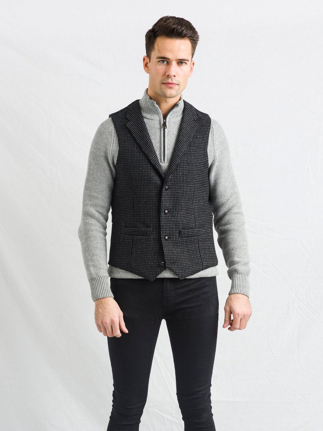 Black With Grey Check Pattern Tweed Waistcoat With Revere - Etsy