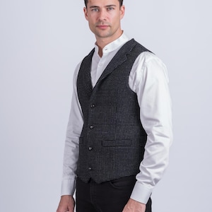 Celtic Tweed | Men&#39;s Tweed Black with Grey Check Pattern Waistcoat with Revere | Tailored Wool Vest | Handmade Vintage Tweed Vest for Men
