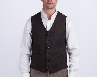 Gilet en tweed tourbe | Gilet en laine irlandaise pour homme, fabriqué à la main à Dublin
