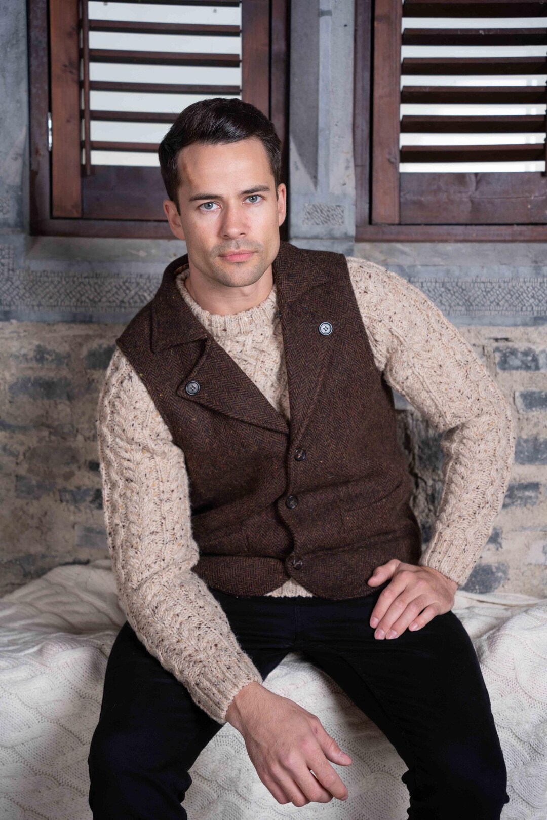 Man Of Aran Moss Green Herringbone Tweed Waistcoat & Vest