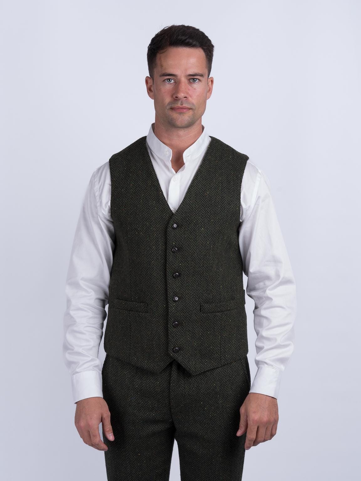 TWEED VEST 新品未使用タグ付き OHGA Celtic Tweed| Mcdonagh Green Herringbone Waistcoat | Mens Tweed