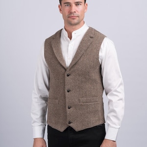 Celtic Tweed| Fawn Herringbone Waistcoat With Revere| Men&#39;s Tweed Vest | Tailored Formalwear | Irish Vest For Wedding |Man Wedding Waistcoat