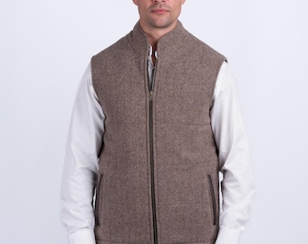 Men's Fawn Tweed Body Warmer Gilet with Leather Trim | Herringbone Wool Vest | Countrywear & Outdoor Layering for Him | Handmade in Dublin