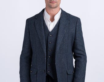 Veste Tweed Bleu Saddlemaster - Col Velours Marine - Taille 42 - Impeccable (Occasion)