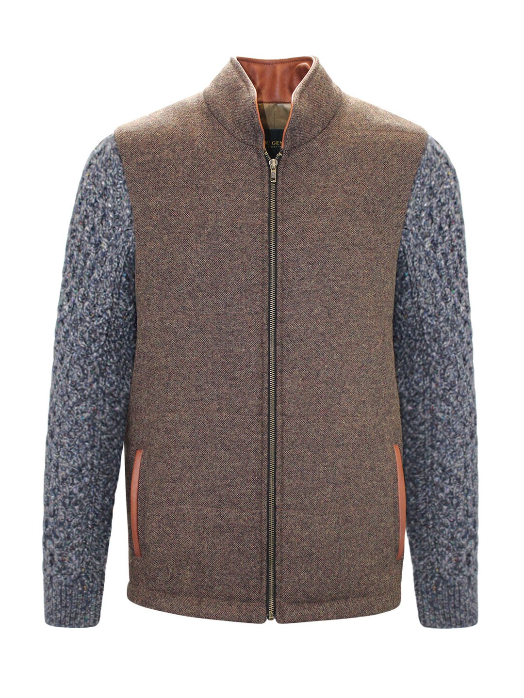 Brown Herringbone Shackleton Jacket With Rocky Road Cable Knit Sleeve