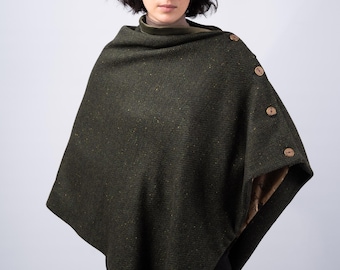 Tweed celtico / Mantella da donna verde a spina di pesce / Sciarpa in tweed irlandese / Realizzata a mano a Dublino / Mantella classica in lana / Moda sostenibile di lusso / Prodotta in Irlanda