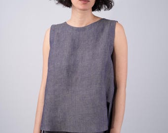Women's Pleat Back Denim Linen Top | Sleeveless Summer Blouse |Irish Linen Shirt | Casual Linen Tank |Breathable Linen Tunic |Made In Dublin