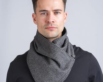 Cuello de tweed celta / Cuello de tweed con cuadros de rombos grises / Cuello de invierno para hombre / Bufanda de lana acogedora / Calentador de cuello de punto grueso hecho a mano / Regalos para él