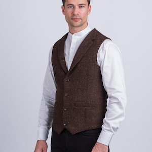 Celtic Tweed| O&#39;Brien Brown Herringbone Waistcoat With Revere| Men&#39;s Tweed Vest | Tailored Formalwear | Suits For Weddings | Groomsmen Vest