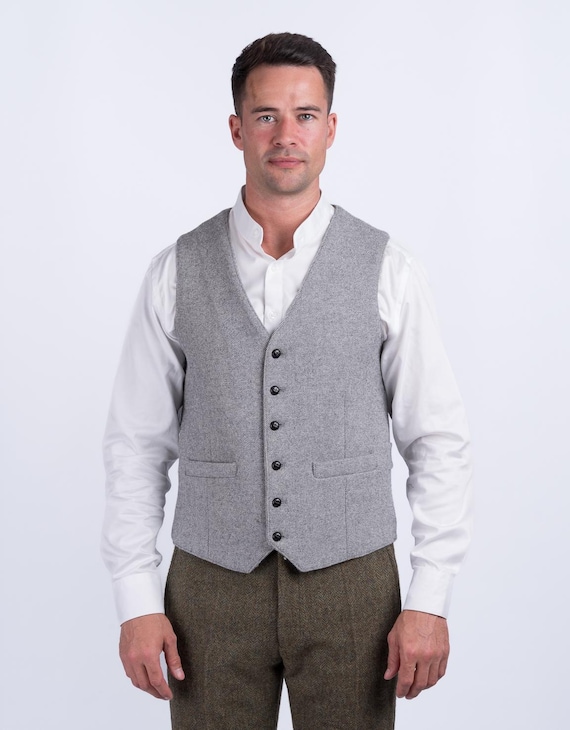Gilet Vintage à Carreaux Gris Clair Pour Homme – Style Tweed Élégant, Idéal Mariage Et Garçons D'Honneur – Col V, Simple Boutonnage, Look Classique Chic