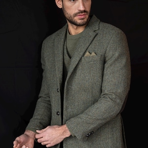 Tweed celtico / Giacca in tweed a spina di pesce verde muschio / Blazer da uomo con finiture in moleskin / Regali per lui / Abito da sposo / Giacca sportiva sartoriale da uomo