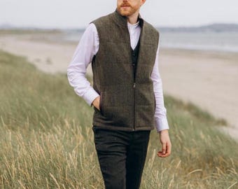 Men's Moss Green Tweed Body Warmer and Gilet with Leather Trims | Herringbone Style Wool Vest | Countrywear & Outdoor Clothing For Him