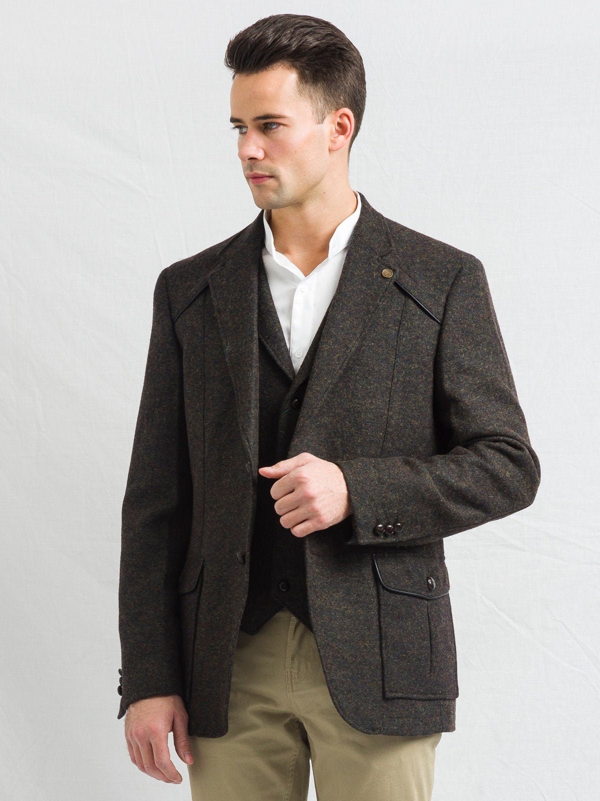 Brown donegal tweed essential Jacket with elbow patches with removable  waistcoat piece