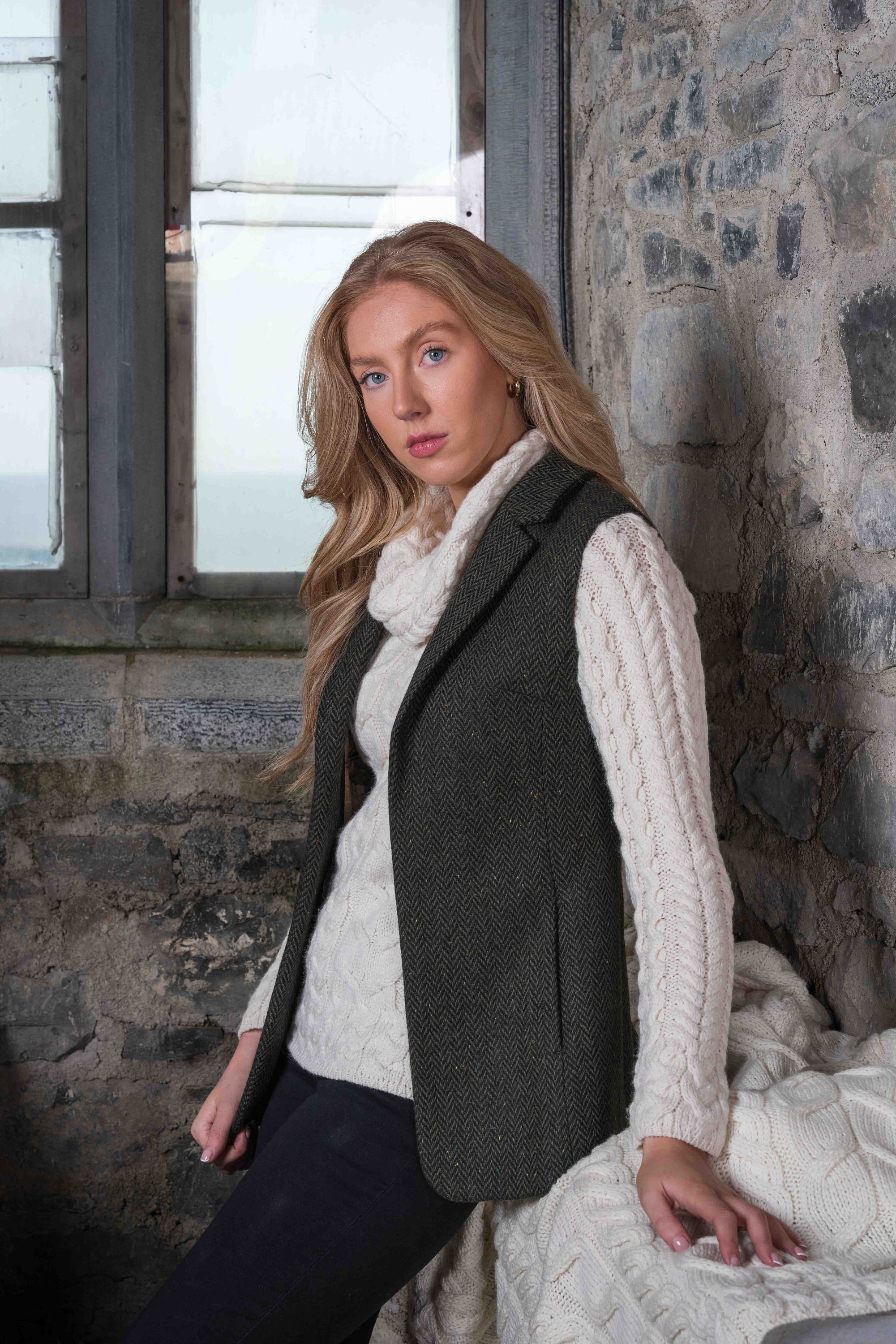 Celtic Tweed | Women's Green Herringbone Irish Tweed Gilet