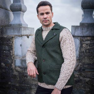 Man of Aran Irish Tweed Waistcoat | Green Herringbone Tweed Vest |Classic Wool Vest | Irish Gifts |Gifts For Him | Tailored  Vest|Mens Gifts