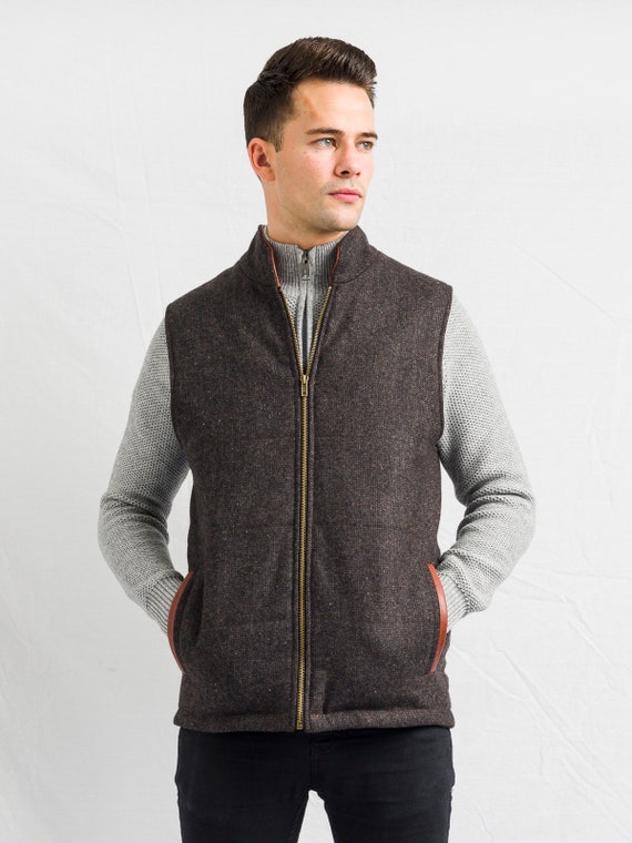 Men's Brown Tweed Body Warmer Gilet With Leather - Etsy