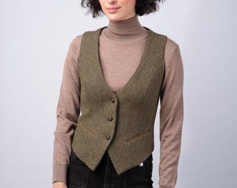 Celtic Tweed | Women's Moss Green Tweed Waistcoat | Wool Vest | Ladies Vintage Clothing | Women's Herringbone Heritage Design | Irish Gifts