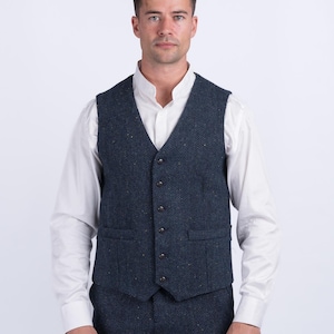 Celtic Tweed | W.B Yeats Blue Herringbone Tweed Vest | Men&#39;s Blue Tweed Waistcoat | Classic Wool Vest  | Tweed Waistcoat Men | Irish Gifts
