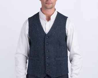 Celtic Tweed | W.B Yeats Blue Herringbone Tweed Vest | Men&#39;s Blue Tweed Waistcoat | Classic Wool Vest  | Tweed Waistcoat Men | Irish Gifts