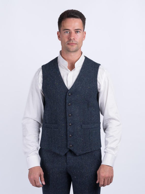 Celtic Tweed | W.B Yeats Blue Herringbone Tweed Vest | Men's Blue