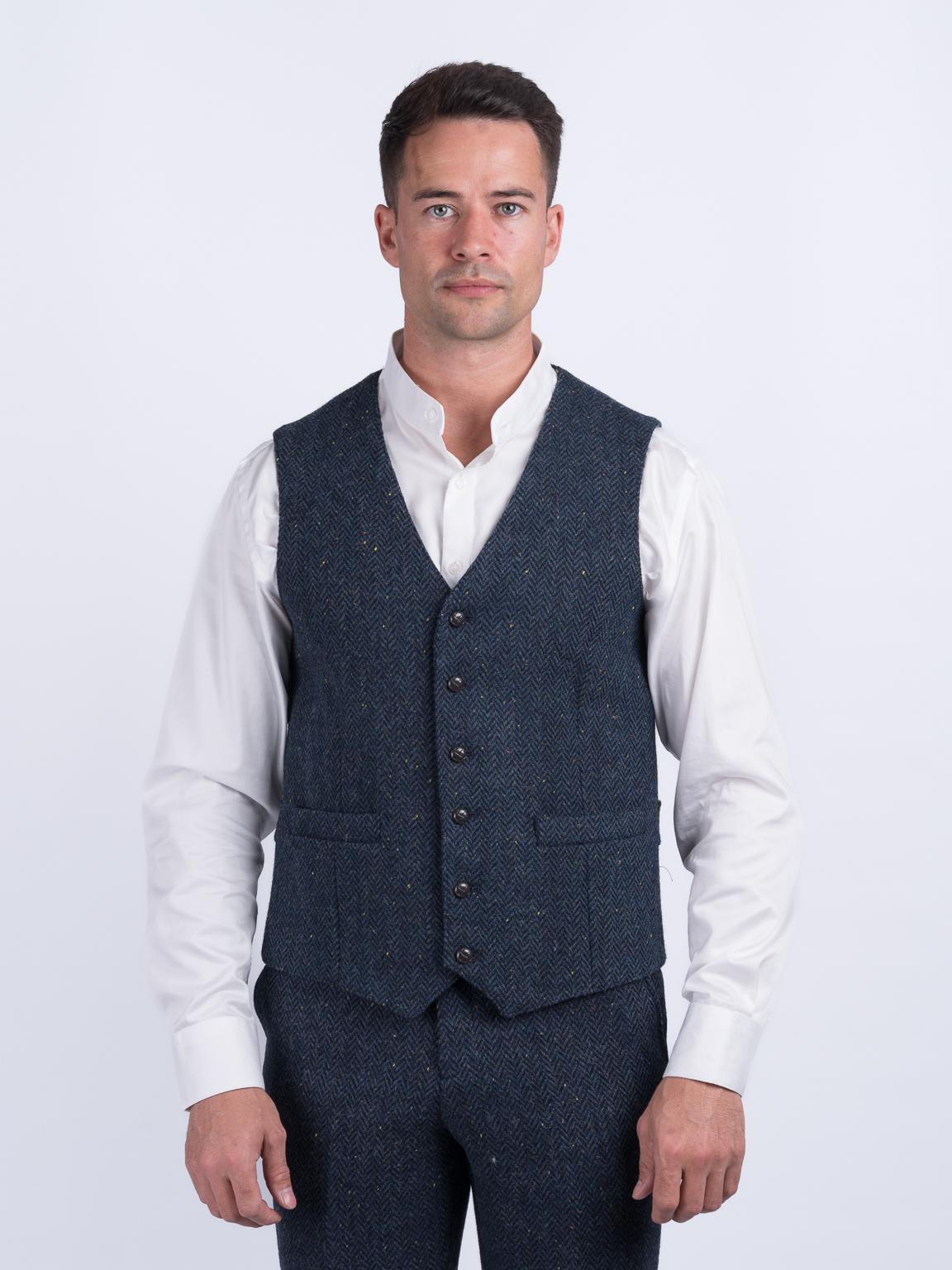 Celtic Tweed | W.b Yeats Blue Herringbone Vest Men's Waistcoat Classic Wool Men Irish Gifts