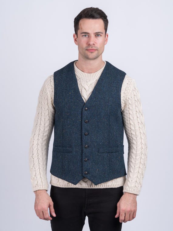 Celtic Tweed W.B Yeats Blue Herringbone Tweed Vest Men s Blue Tweed Waistcoat Classic Wool Vest Tweed Waistcoat Men Irish Gifts