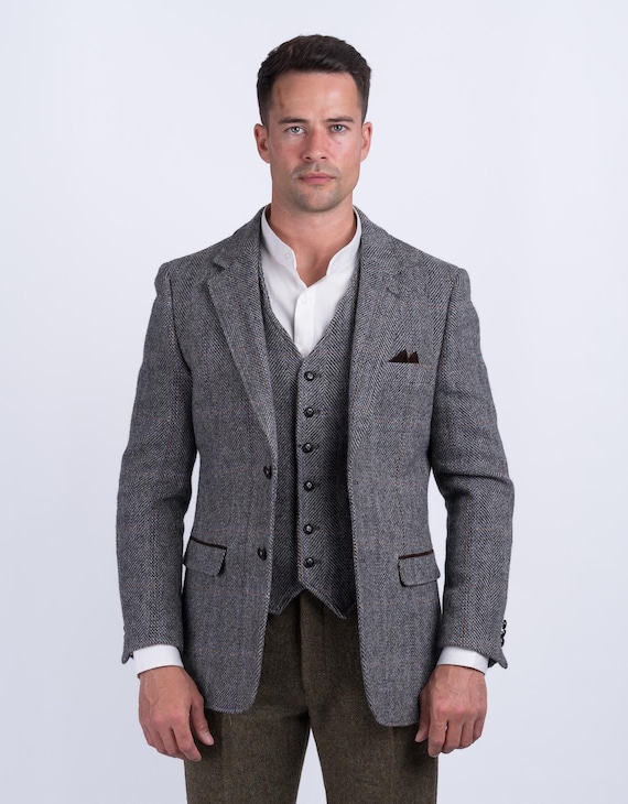 Men's Grey Hunting Tweed Jacket With Moleskin Trim | Men's Checked