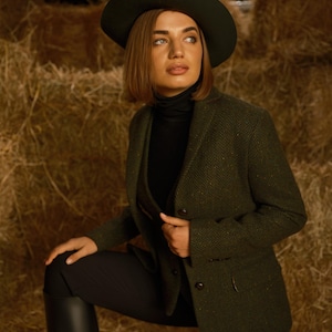 Celtic Tweed | Women's Green Herringbone Tweed Blazer | Tweed Jacket Women | Gifts For Her | Irish Gifts | Women Clothing Winter