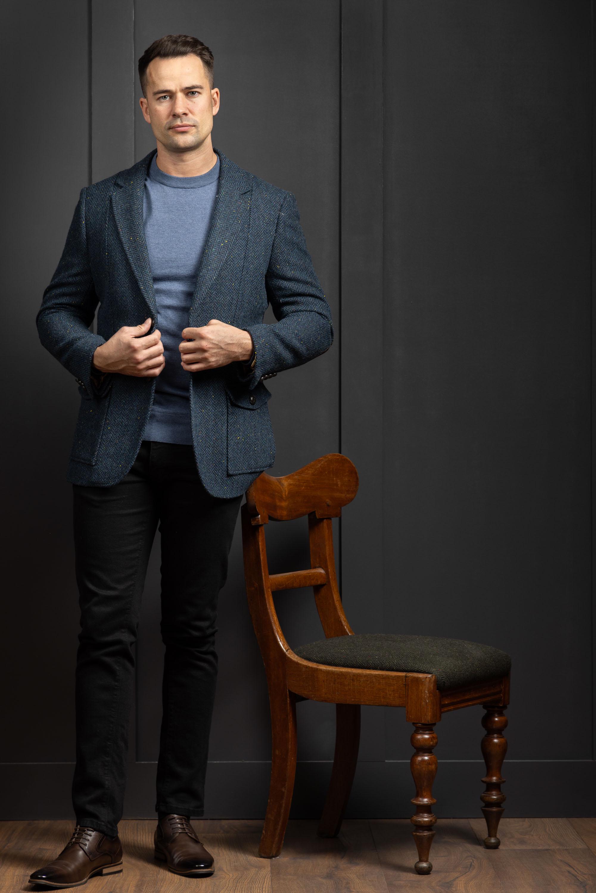 Celtic Tweed | Kavanagh Blue Herringbone Tweed Jacket | Blue Tweed