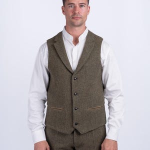 Celtic Tweed| Moss Green Herringbone Waistcoat With Revere| Men&#39;s Tweed Vest | Tailored Formalwear | Irish Vest For Wedding | Groomsmen Vest