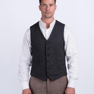 Celtic Tweed | Men&#39;s Tweed Black with Grey Check Pattern Waistcoat | Tailored Wool Vest | Handmade Vintage Tweed Vest for Men | Wedding Vest