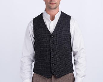 Handmade Irish Tweed Waistcoat | Black Grey Check, Men's Wool Vest