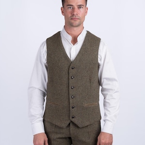 Celtic Tweed| Moss Green Herringbone Waistcoat | Men&#39;s Tweed Vest | Tailored Formalwear | Irish Vest For Wedding | Mens Wedding Waistcoat
