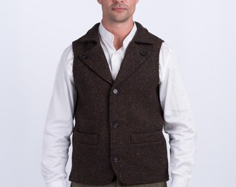 Gilet en tweed irlandais Man of Aran | Gilet en laine marron tourbière