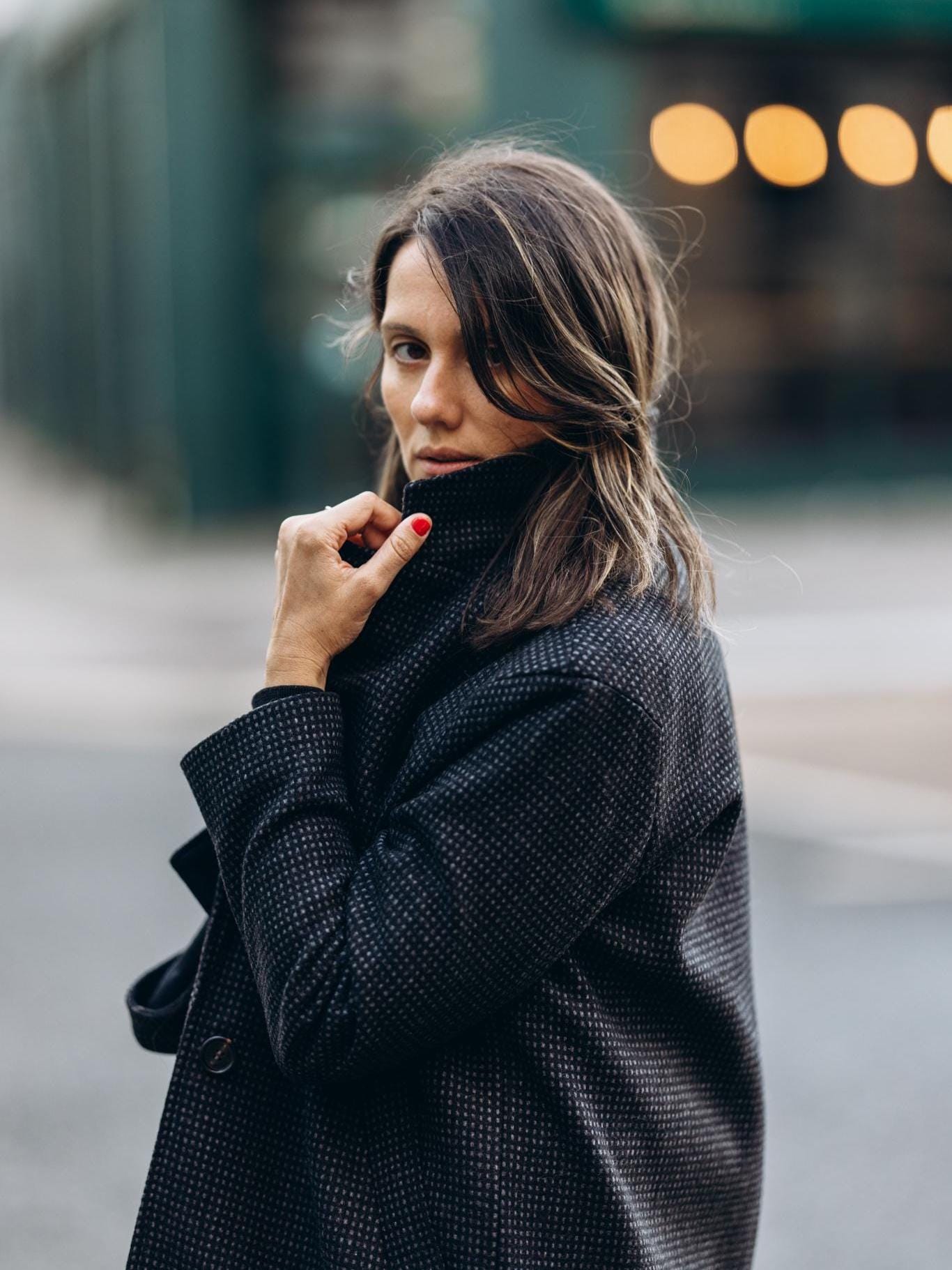 andwang Twinkle Button Tweed Coat 黒　コート Celtic Tweed | Black Check Tweed City Coat | Women's Wool Winter