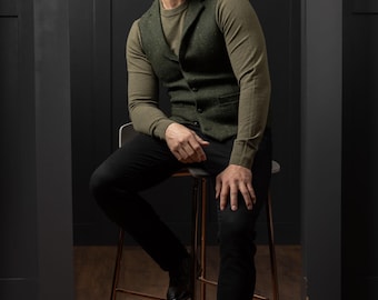 Gilet en tweed à chevrons vert poire | Gilet en laine sur mesure pour homme