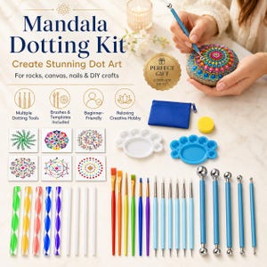 May include: A mandala dotting kit featuring various tools including colorful acrylic rods, paint brushes, metal ball styluses, two paint palettes, stencils with geometric patterns, a blue zippered pouch, and a yellow sponge for dot art projects.