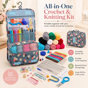 May include: An all-in-one crochet and knitting kit featuring a floral-patterned organizer bag, multiple colorful yarn skeins, various metal knitting needles, ergonomic crochet hooks, scissors, stitch markers, and assorted crafting accessories.