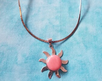 CP472 Collar in Hammered Sterling Silver with Pink Coral Sunburst Pendant in Sterling Silver - Vintage