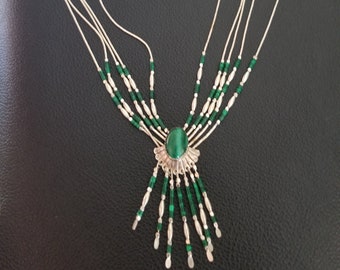 C124 Sterling Liquid Silver Necklace with Malachite Stone - Southwestern - Vintage