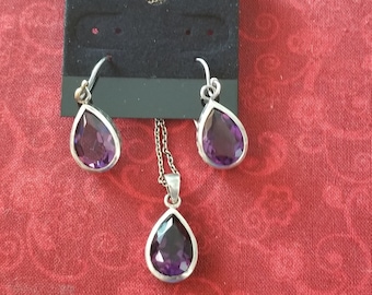 CP540 Amethyst Anhänger mit Halskette und passende Amethyst Ohrringe alle Sterling Silber - Vintage