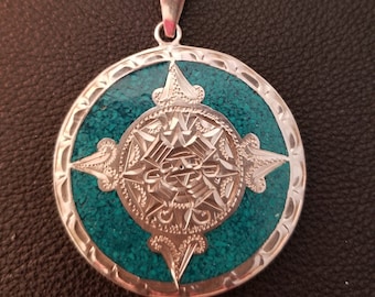 CP168 Reversible Medallion Pendant with Inlay in Sterling Silver and Sterling Silver Necklace - Vintage