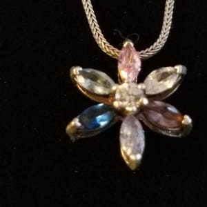 CP006 Multicolored Marquise Prong Set Flower Motif Pendant in Sterling Silver with Sterling Silver Necklace - Vintage