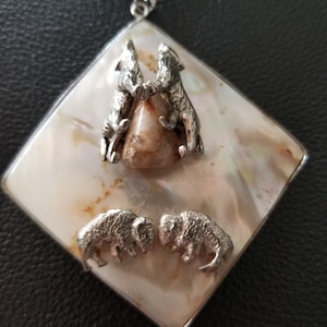 CP590 Southwestern Pendant with Sterling Silver Wolves and Buffaloes and Sterling Silver Figaro Chain Necklace